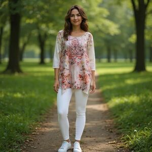 Closet Full Women's Colorful Beaded Floral TunicBlouse With Shark Bite Hem Large